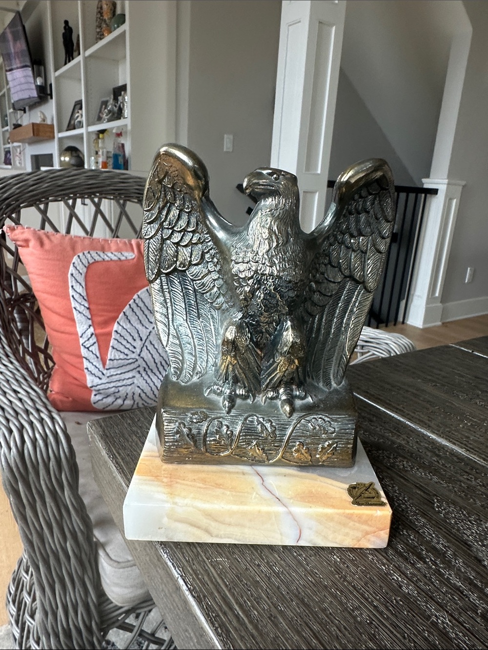 VTG cast metal Eagle Sculpture on Marble Base - Metallic and Cream